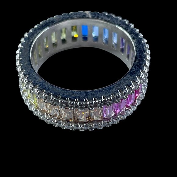 Rainbow Baguette Eternity Ring Silver Plated Size 6 Pride Y2K Bling Statement Gi - Picture 7 of 9
